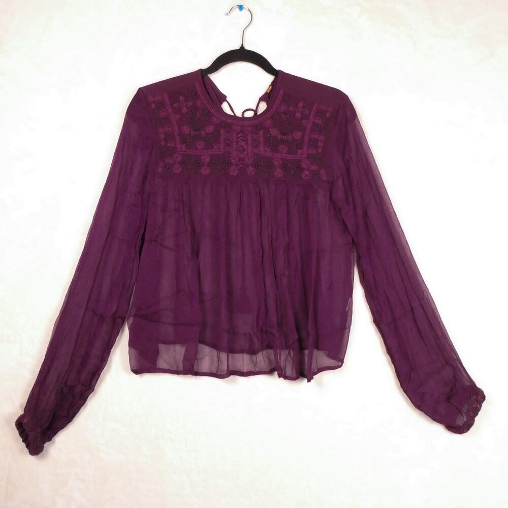 Free People Retro Femme Sheer Blouse Size S Purple Embroidered Whimsigoth Boho